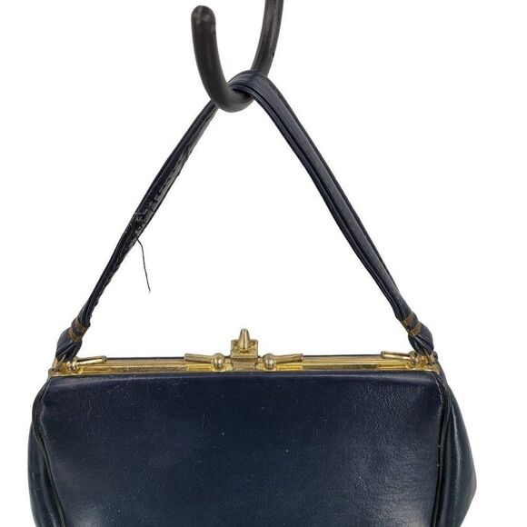 Vintage 60's Handbag Top Handle Vegan Framed Clasp Closure Midnight Blue Gold - Picture 7 of 13